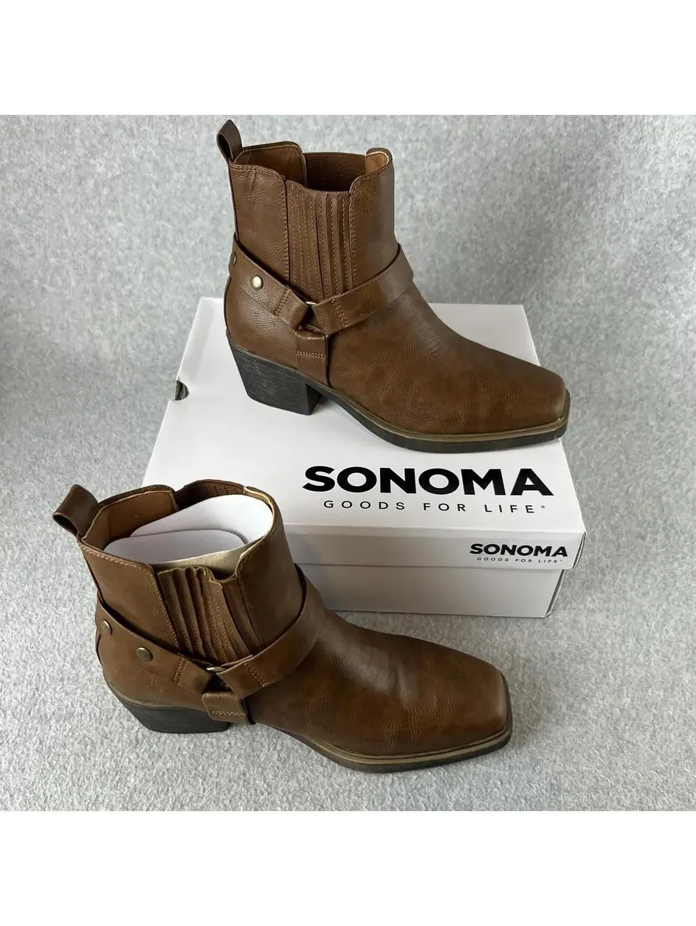 Sonoma Western Ankle Boots Womens Size 6.5 Block Heel Brown Faux Leather New